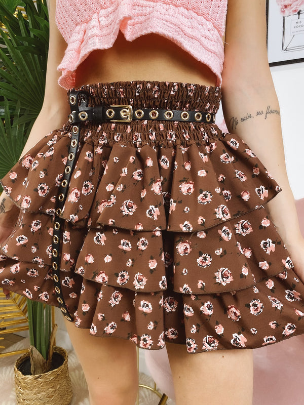 Gonna a balze marrone con fiori rosa