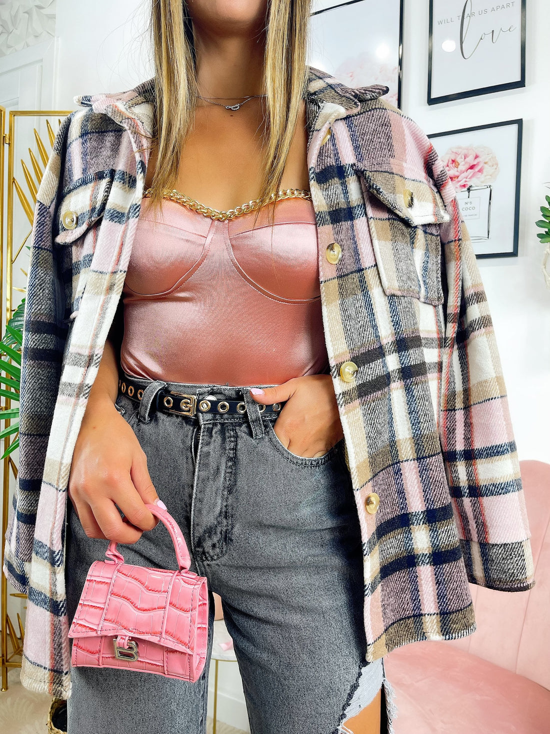 Giacca a quadri dettaglio rosa corta - R.a. Boutique 
