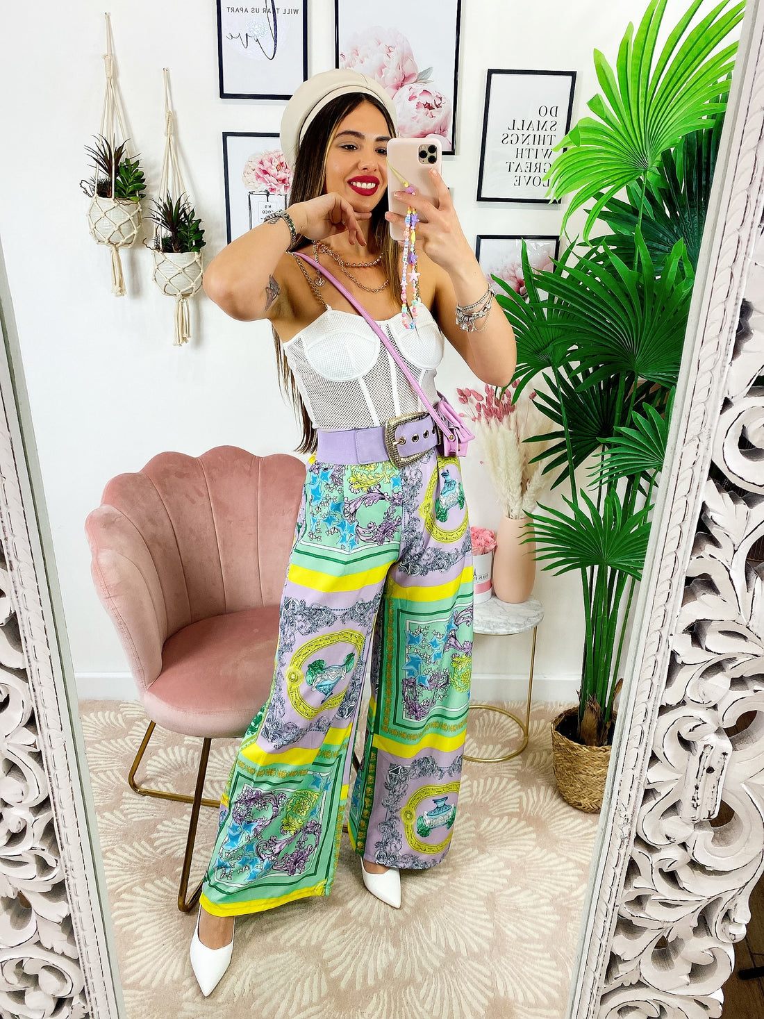 Pantalone a zampa stampa etnica Base verde - R.a. Boutique 