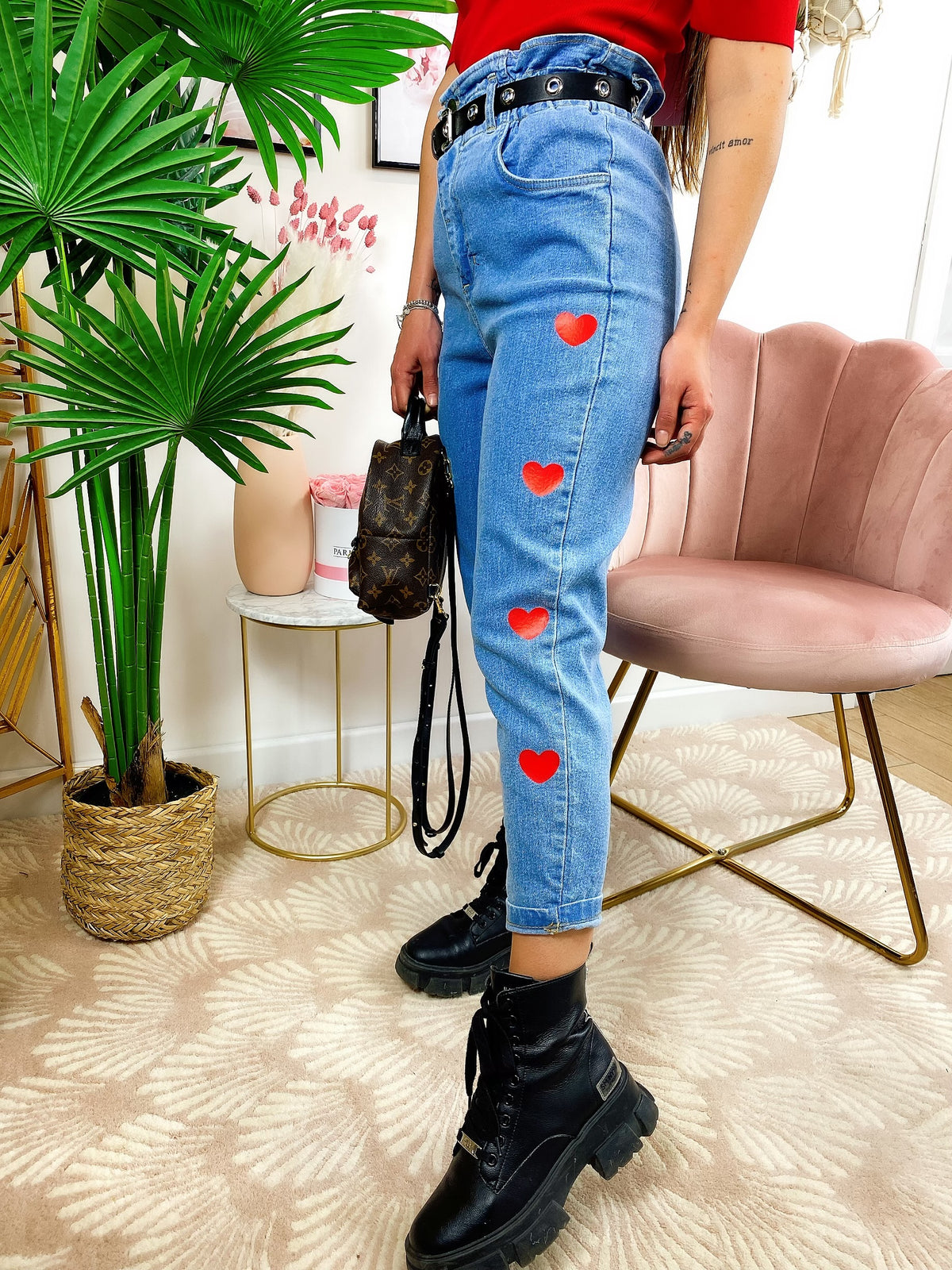 Jeans with red hearts