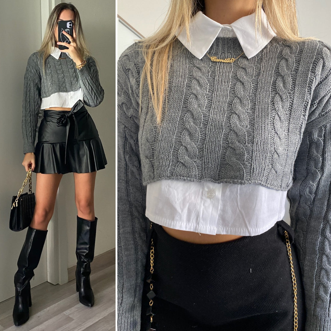 Pull crop a trecce grigio - R.a. Boutique 