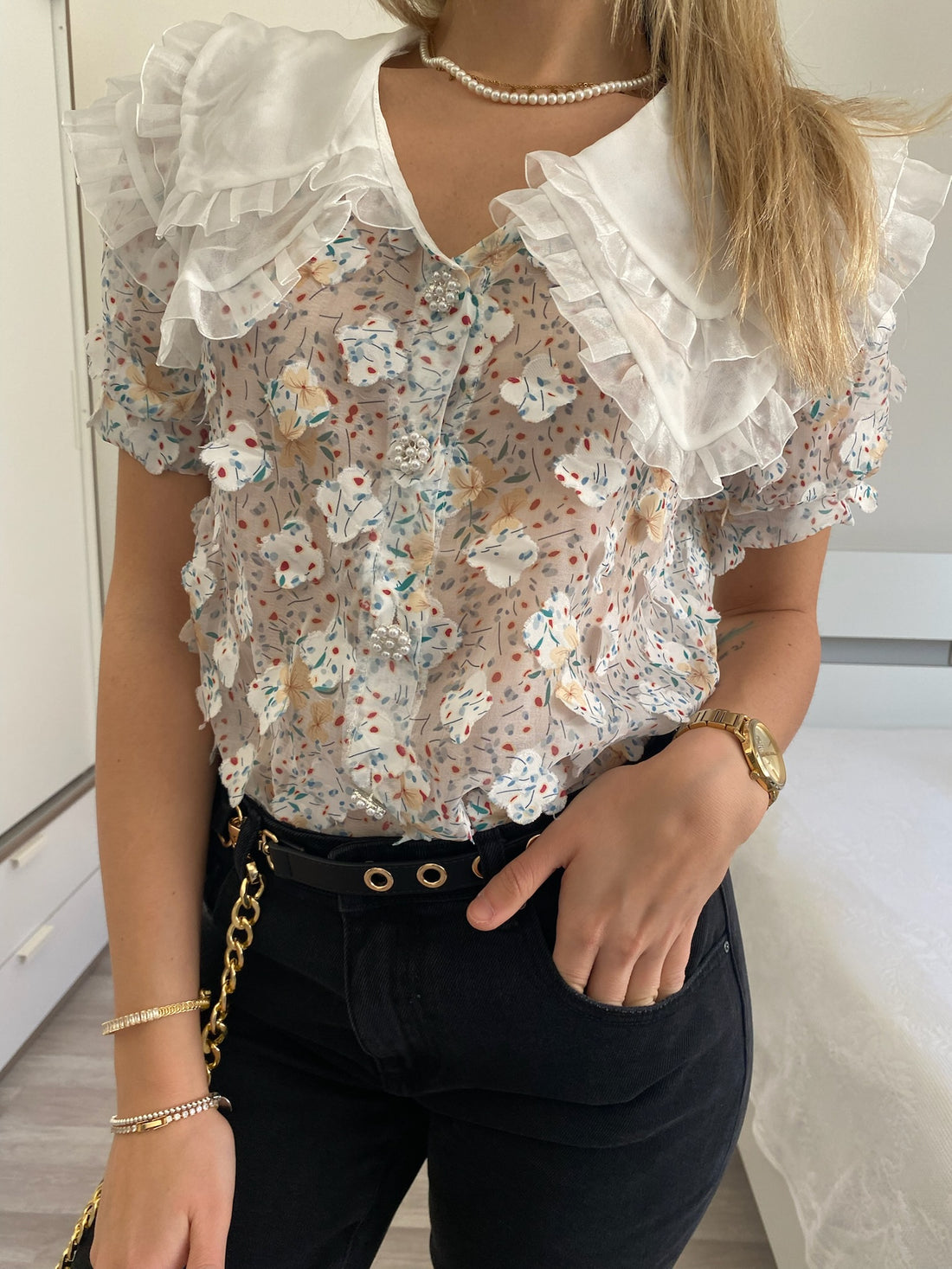 Camicia bianca a manica corta con fiori - R.a. Boutique 