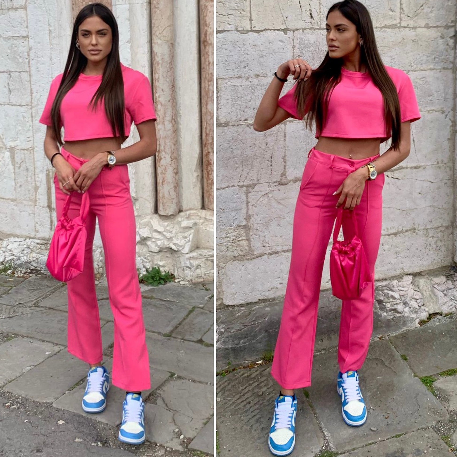 Completo maglia crop e pantalone Fuxia - R.a. Boutique 