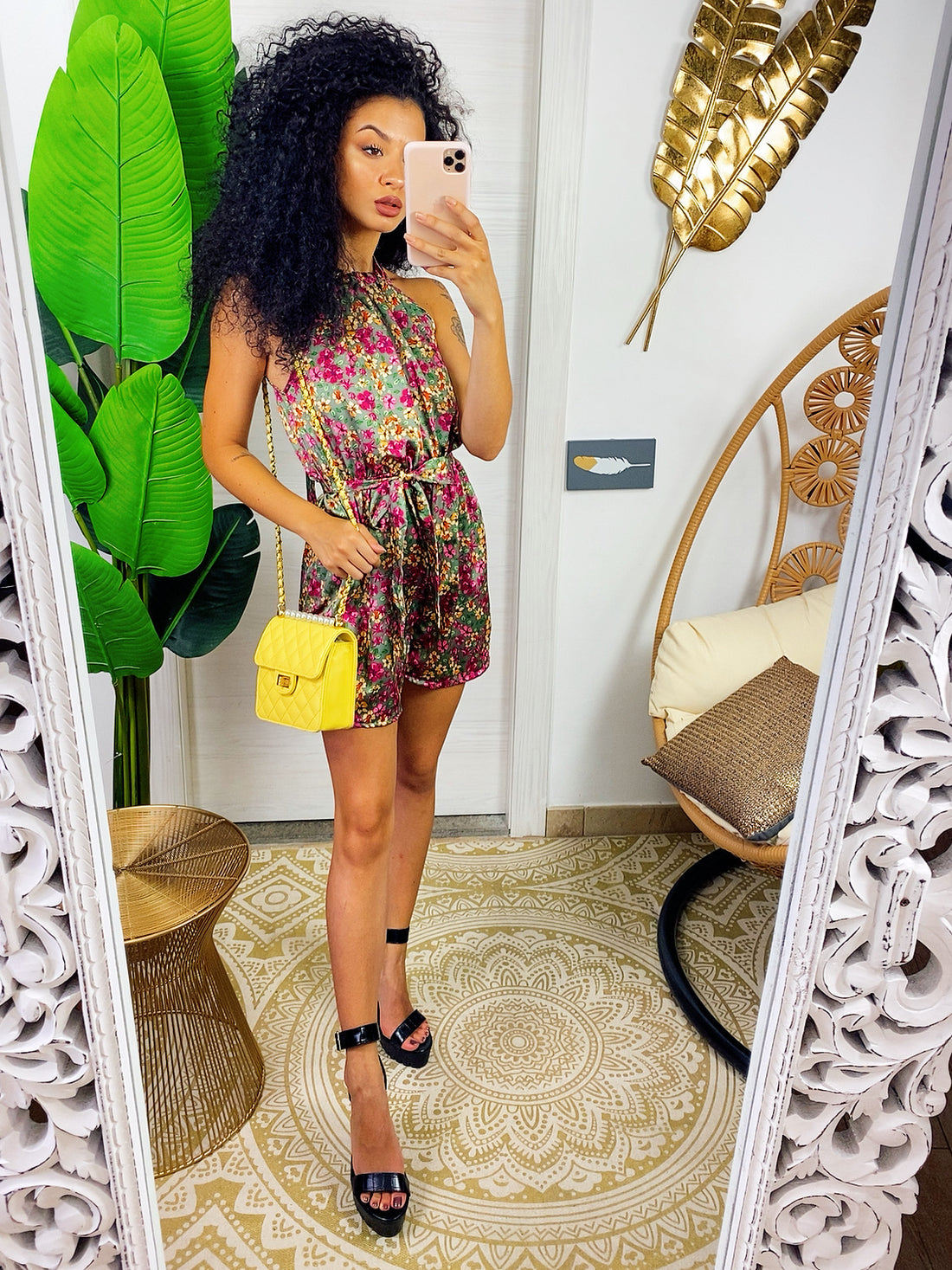 Tutina in raso con fiori base verde - R.a. Boutique 