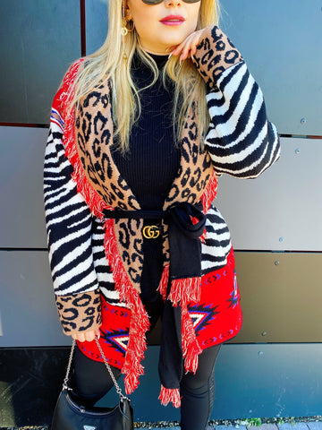 Cardigan frange e cinta rosso maculato - R.a. Boutique 