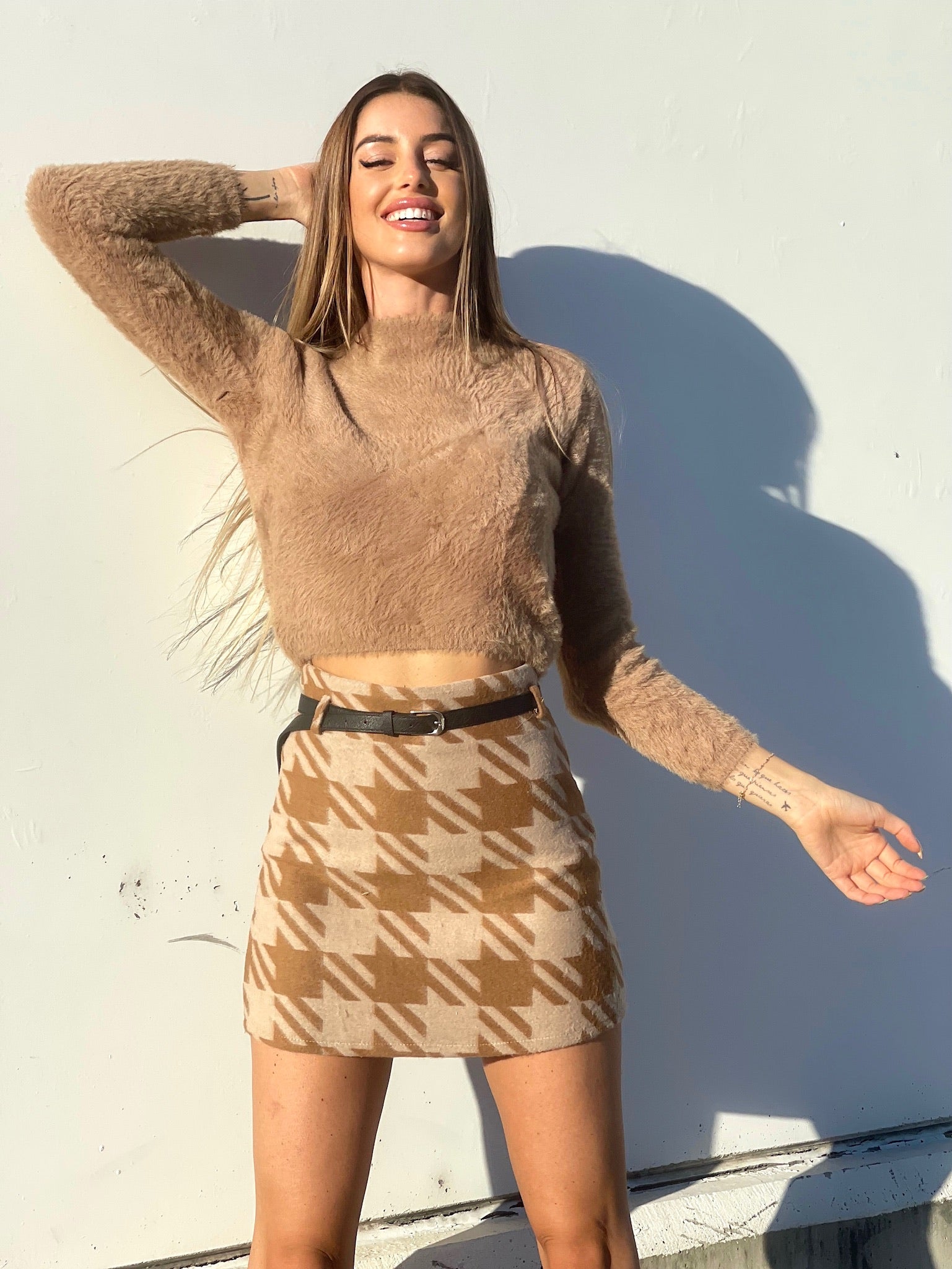 Gonna in tweed pied de poule beige - R.a. Boutique 