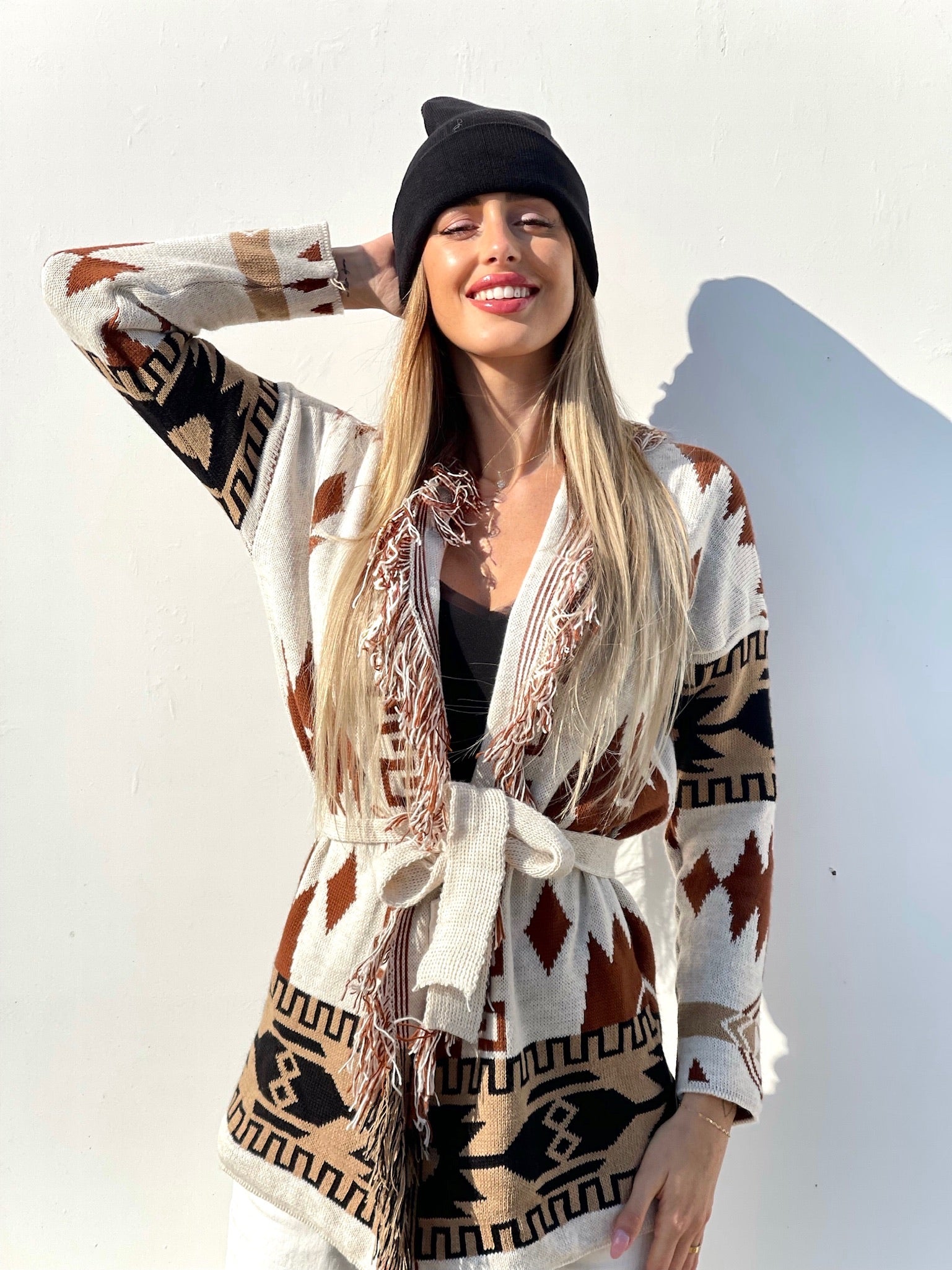 Cardigan Camel/Black con frange e cinta - R.a. Boutique 