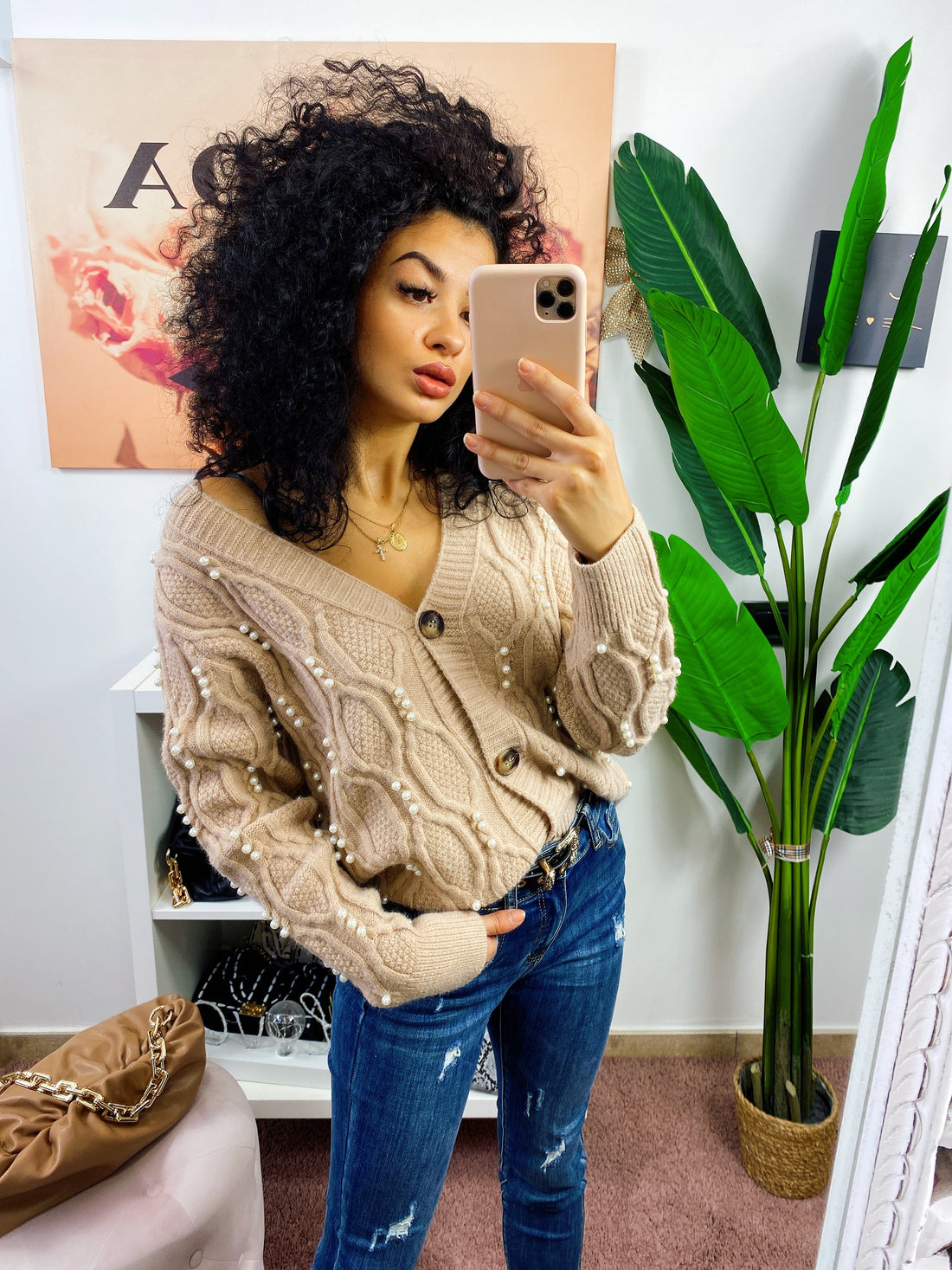 Cardigan con perle beige top Quality - R.a. Boutique 