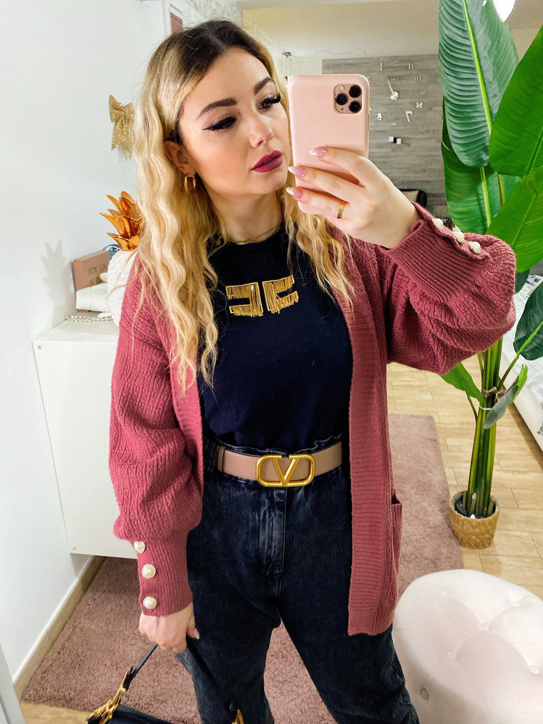 Cardigan manica lunga con perle peonia - R.a. Boutique 