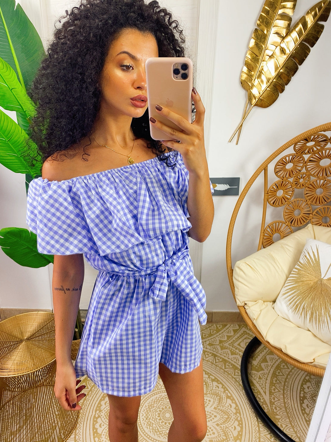 Tutina scollo a barchetta a quadratini celeste - R.a. Boutique 