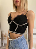 Top in pizzo con perle nero - R.a. Boutique 