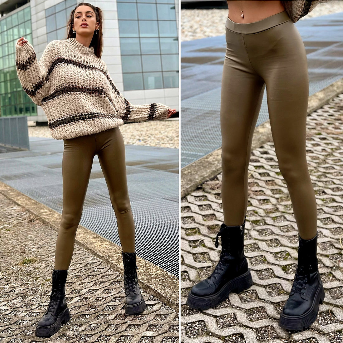 Leggins eco pelle verde militare - R.a. Boutique 