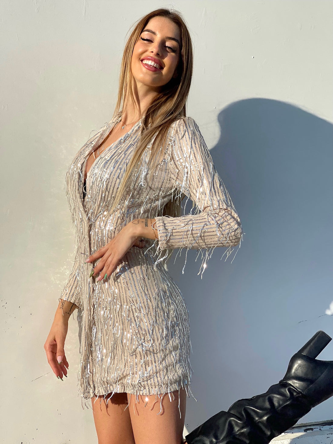 Abito nude frange in paillettes argento - R.a. Boutique 