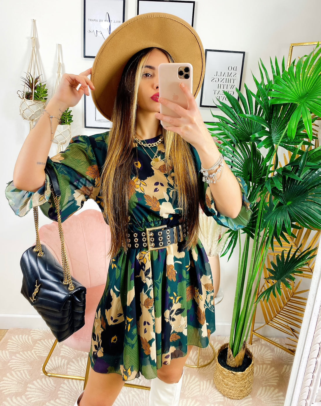 Abito manica lunga con fiori verde militare - R.a. Boutique 