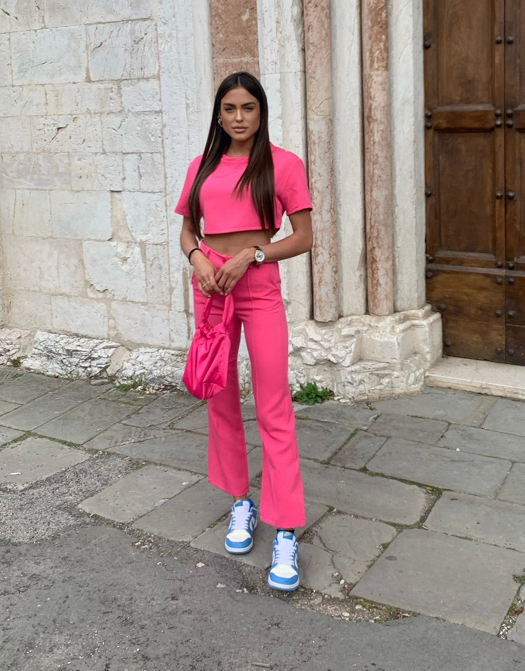 Completo maglia crop e pantalone Fuxia - R.a. Boutique 