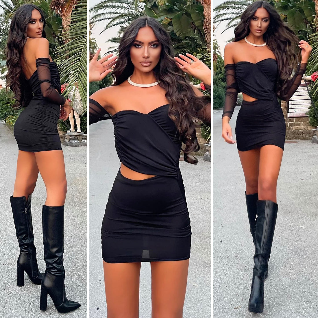 Abito in velo nero con manicotti - R.a. Boutique 