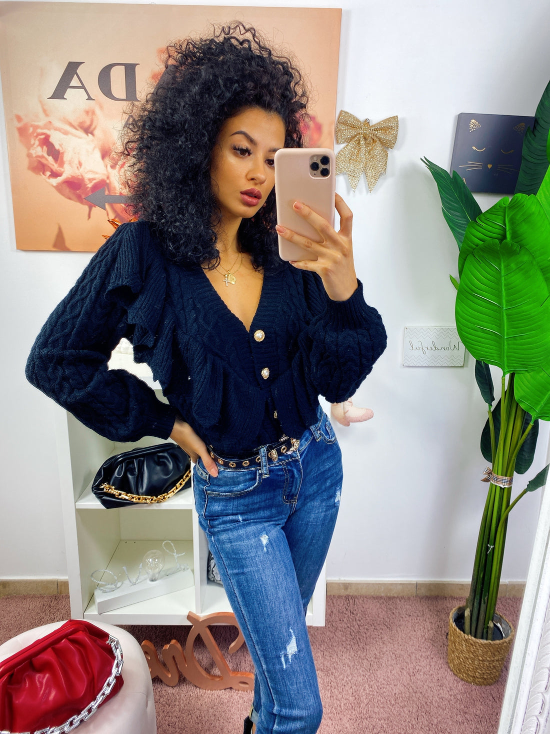 Maglioncino ricamato a trecce e bottoni in perle - R.a. Boutique 