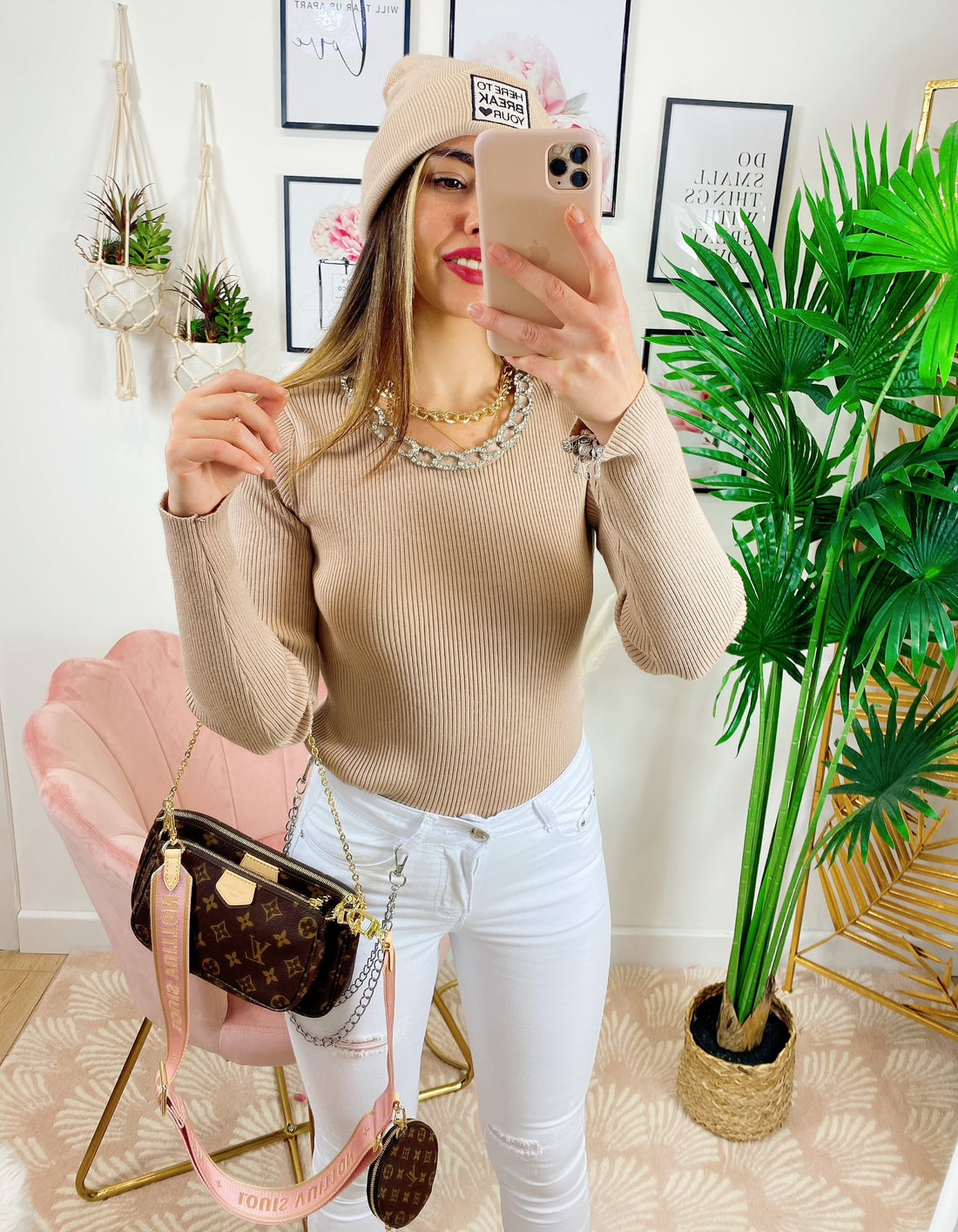 Maglia a costine con catena piccola argento e strass - R.a. Boutique 