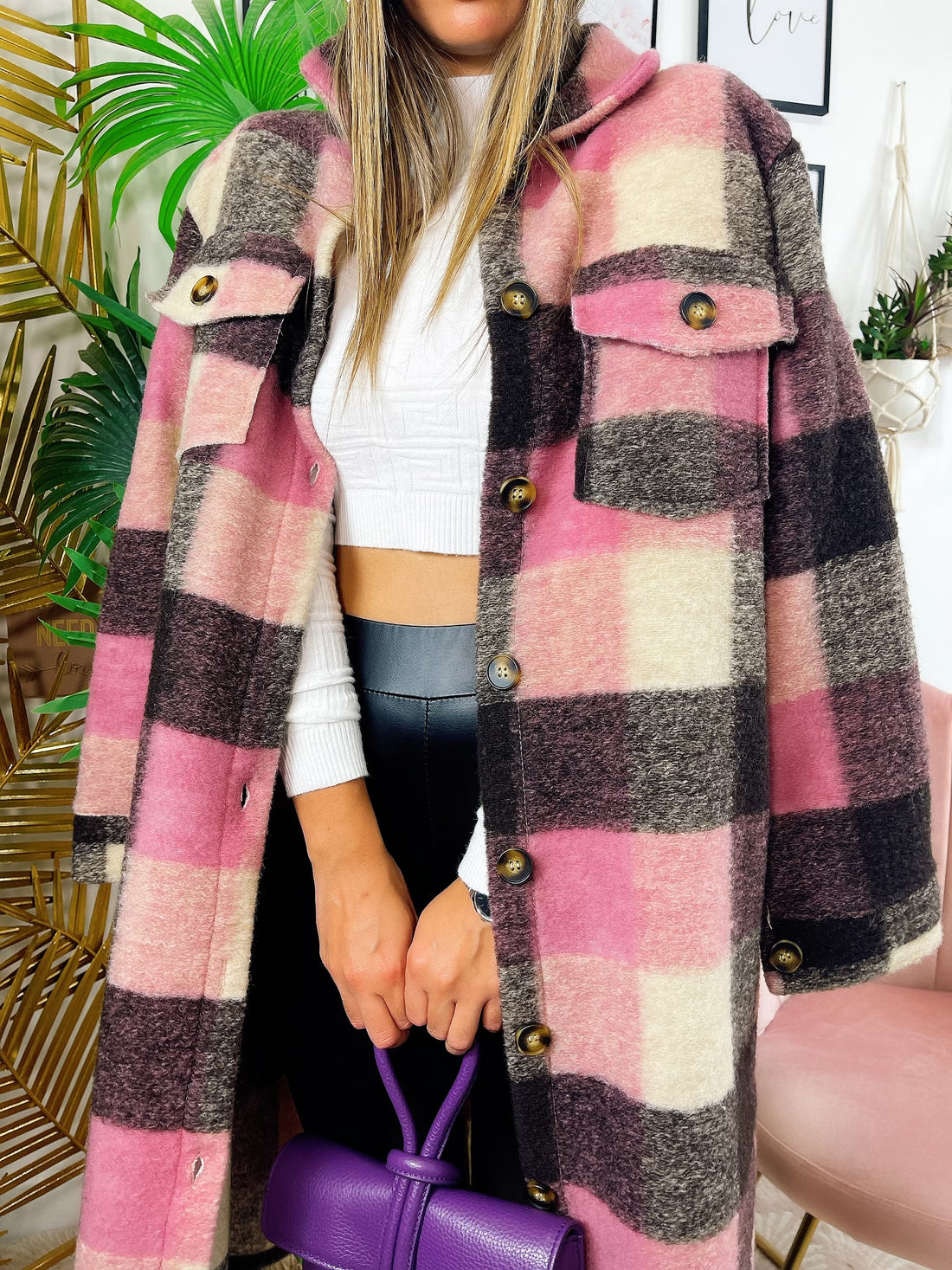 Maxi camicione a quadri nero e rosa - R.a. Boutique 