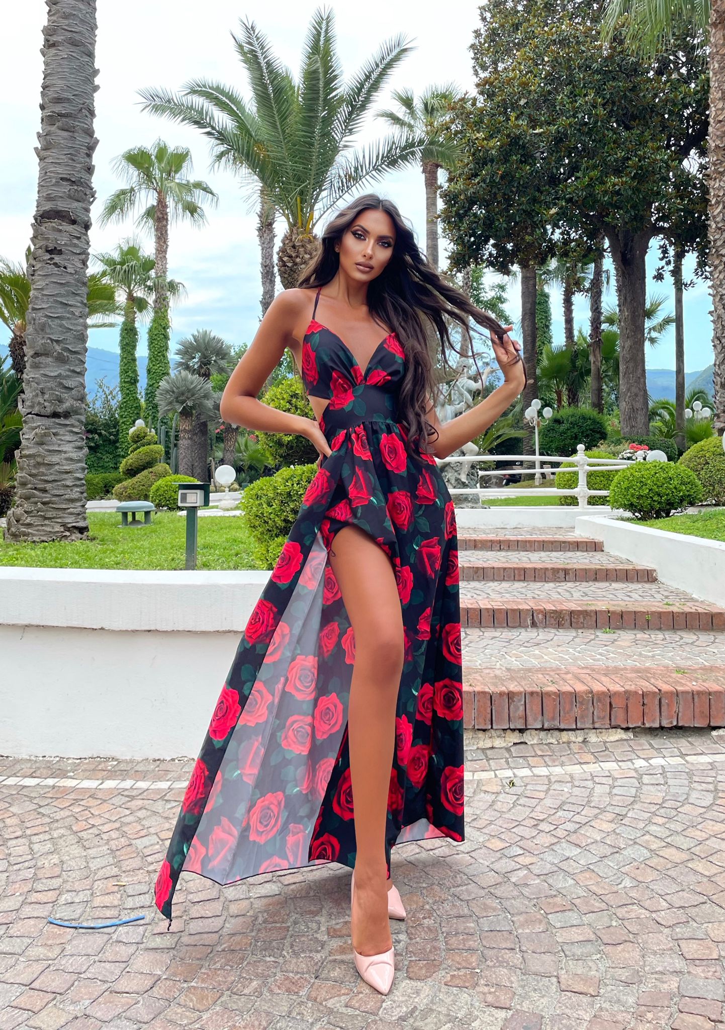 Abito lungo nero rose rosso - Main Image