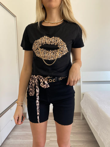 T-shirt kiss animalier nera - R.a. Boutique 
