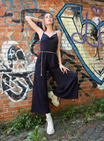 Tuta nera a palazzo spalline in catena - R.a. Boutique 