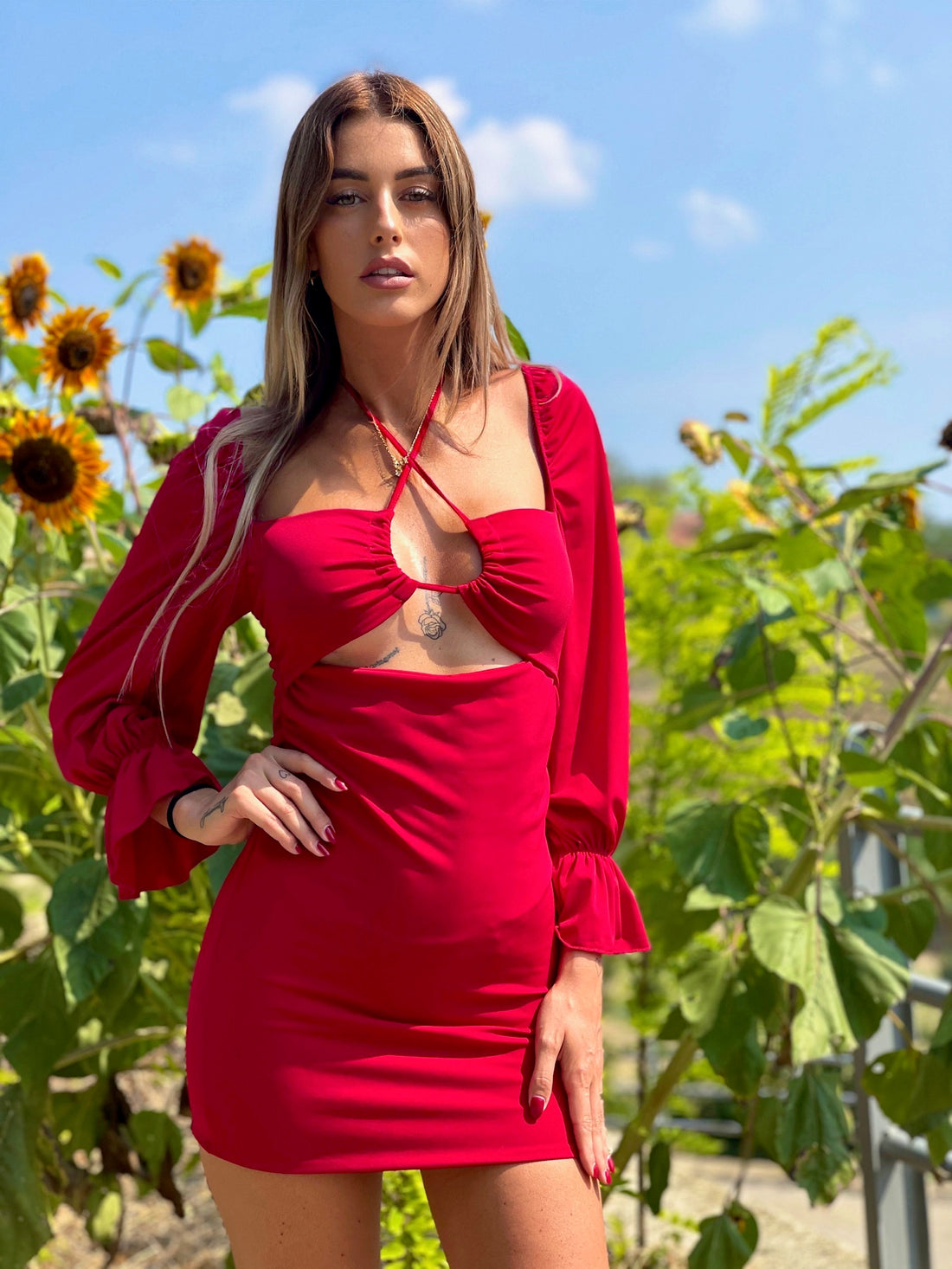 Abito rosso manica lunga con incrocio - R.a. Boutique 