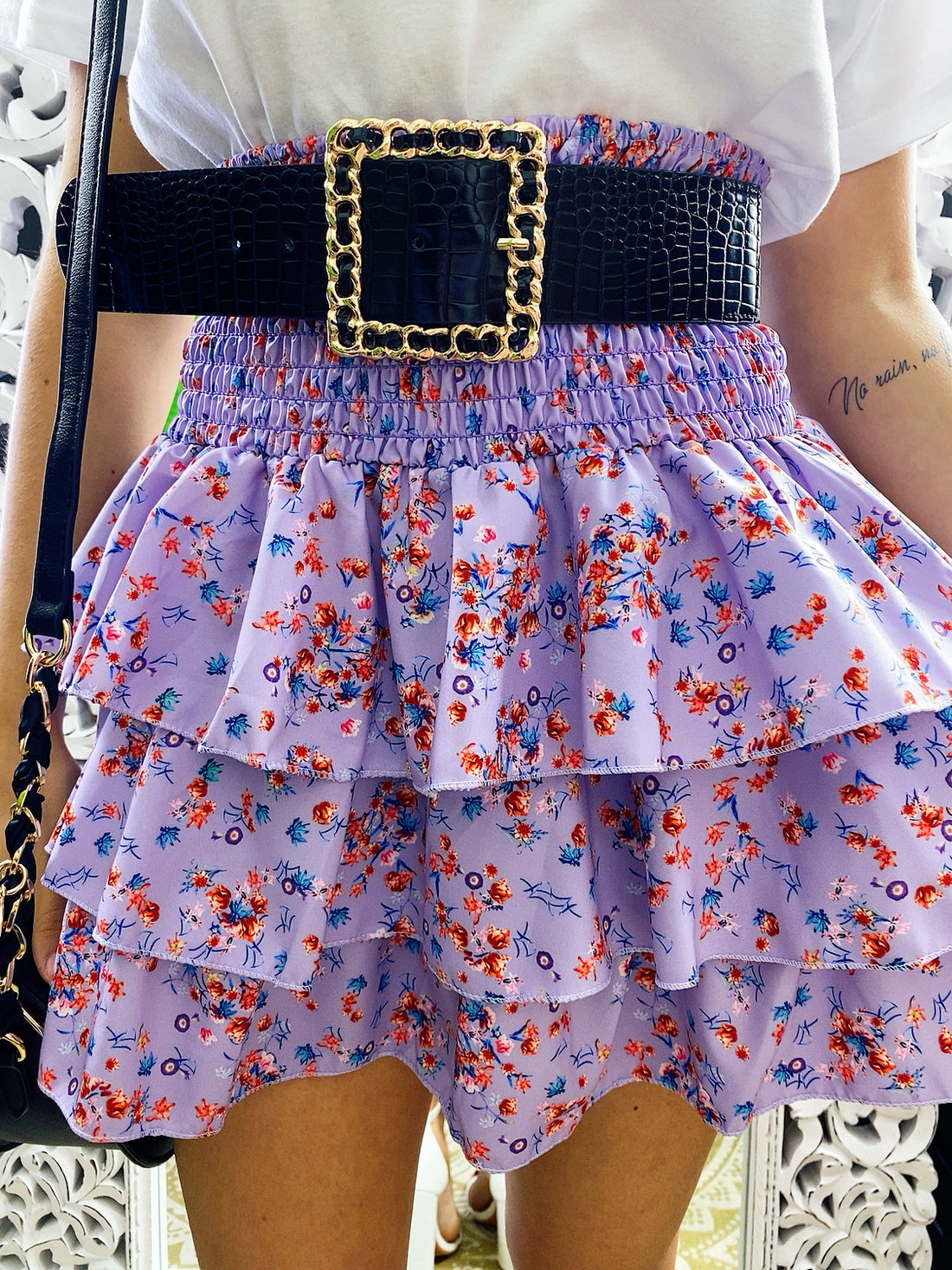 Gonna a balze fiori base lilla - R.a. Boutique 