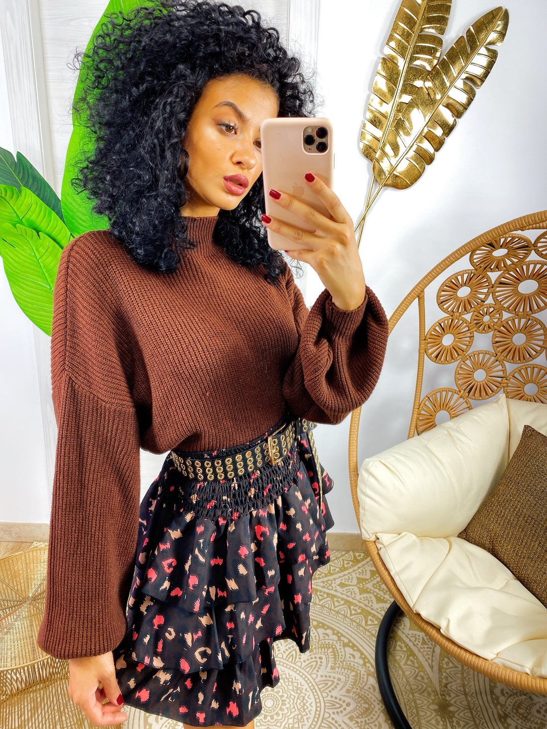 Maglione a collo alto manica ampia marrone - R.a. Boutique 