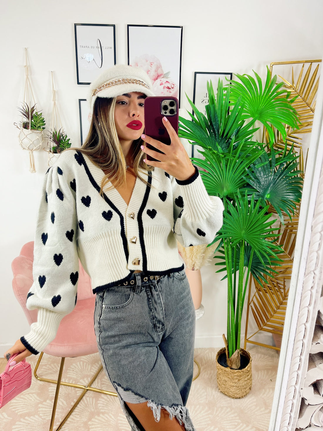 Cardigan a Cuori panna con bottoni - R.a. Boutique 