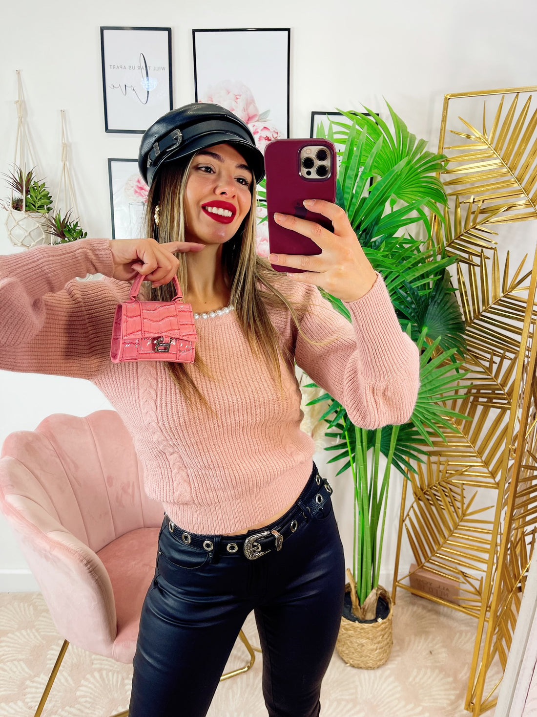 Maglione con scollo a u con perle rosa - R.a. Boutique 