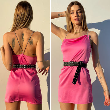 Abito in raso rosa barbie con dettaglio luce - R.a. Boutique 