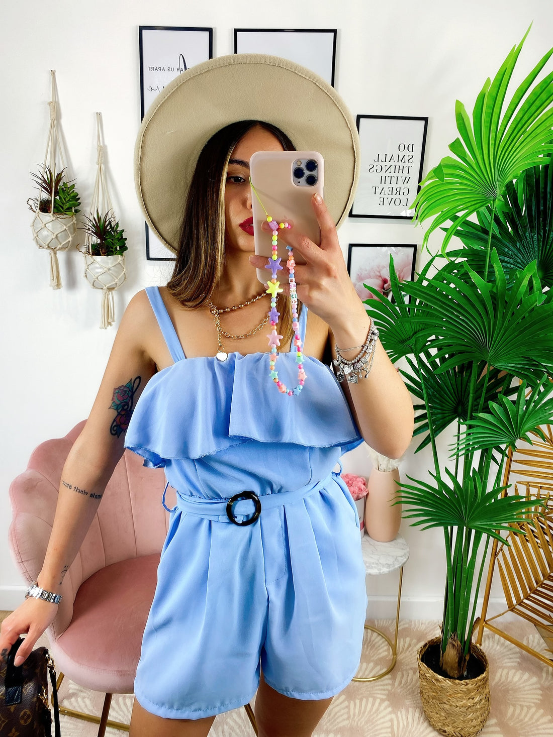 Tutina scollo a barchetta con cintura celeste - R.a. Boutique 