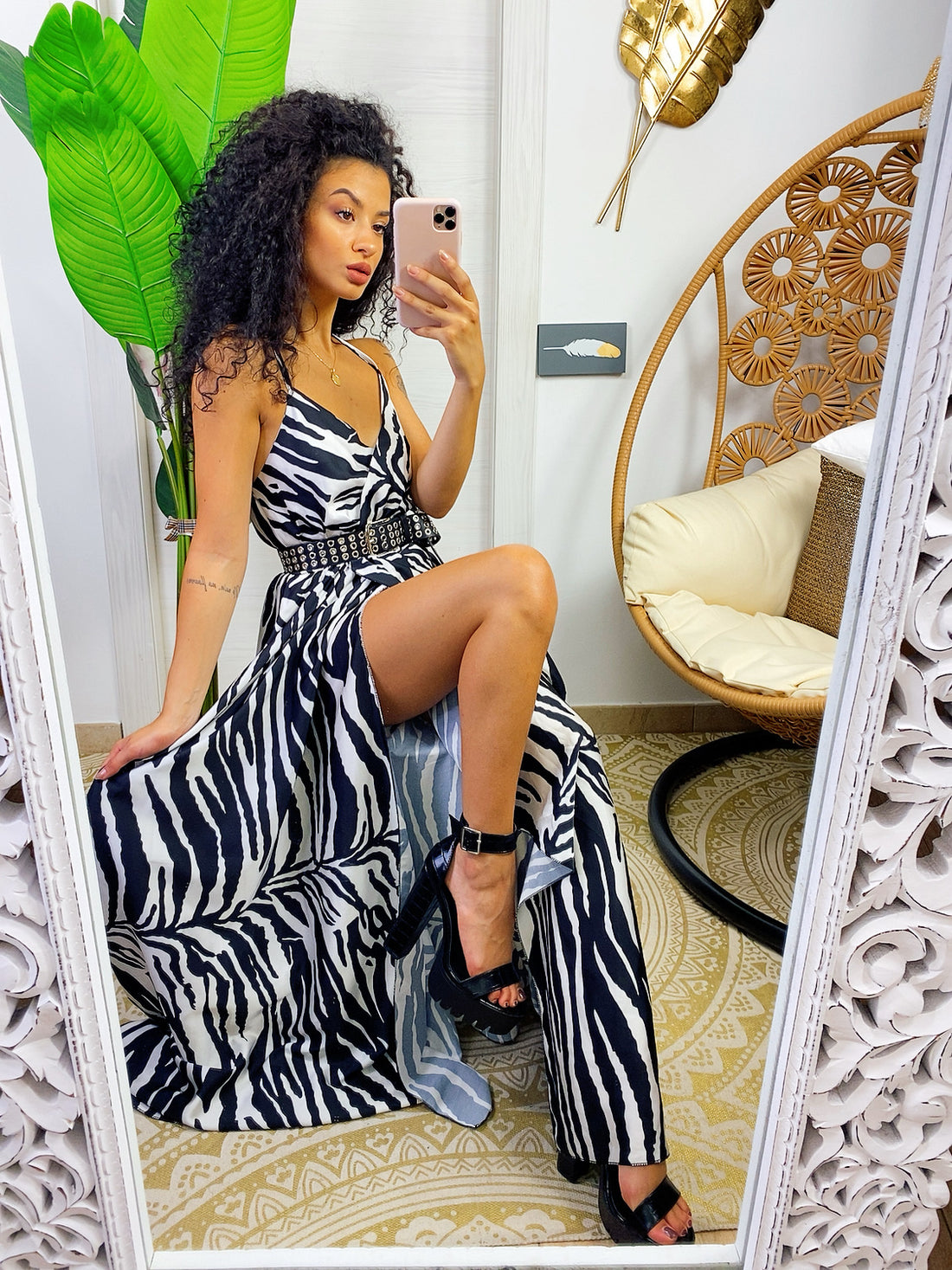 Abito in raso con maxi spacco zebrato - R.a. Boutique 