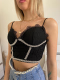 Top in pizzo con perle nero - R.a. Boutique 