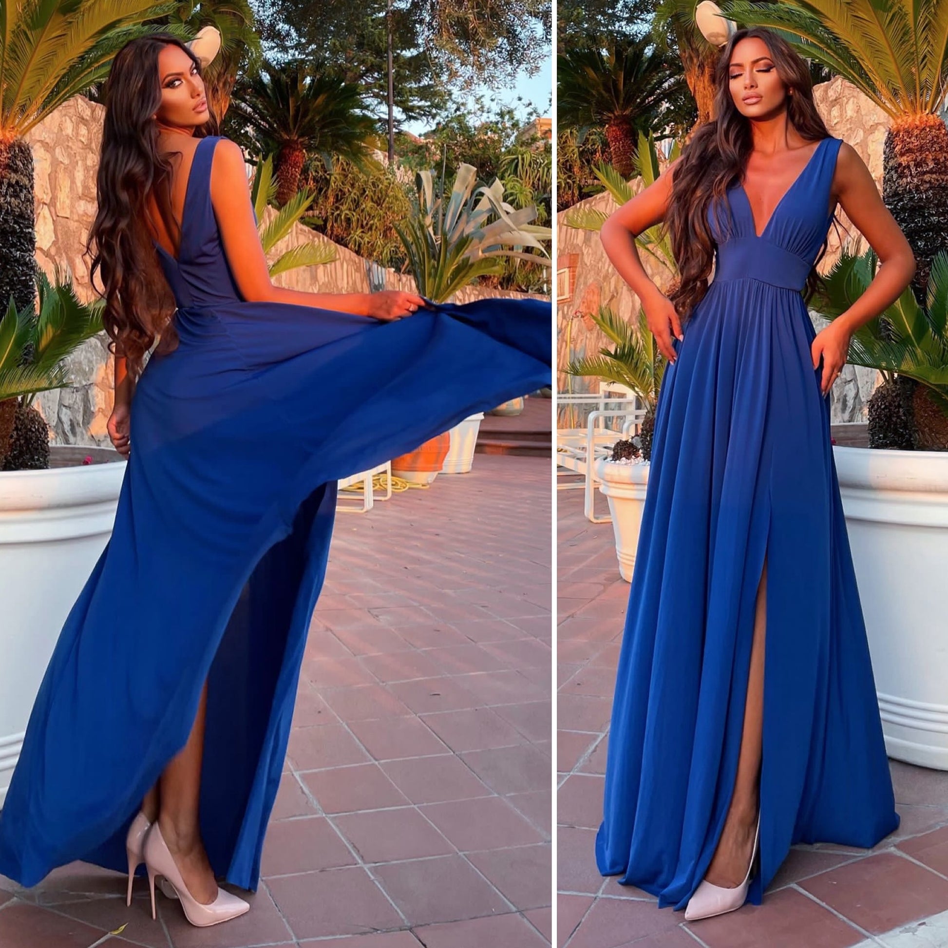 Abito lungo blu con scollo a V