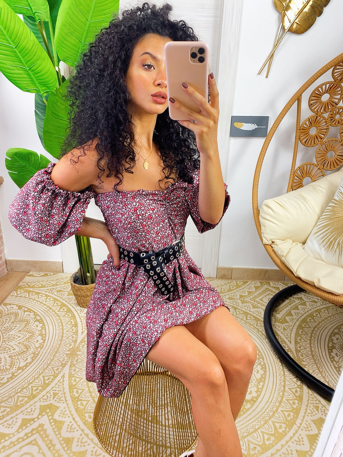 Abito a fiorellini con scollo a barchetta fiorellini Fuxia - R.a. Boutique 