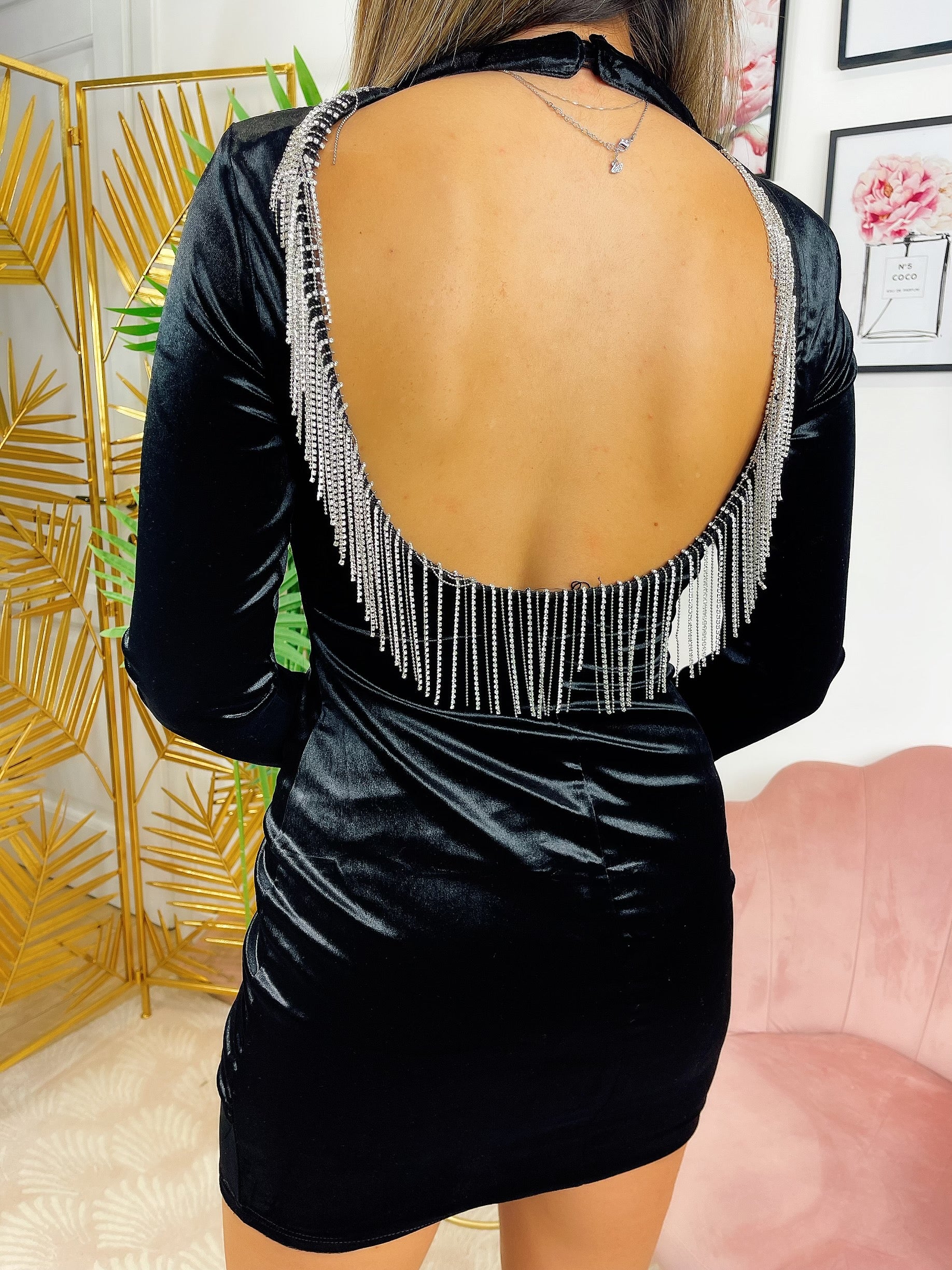 Velvet dress with open back and rhinestones Velvet dress with open back and rhinestones