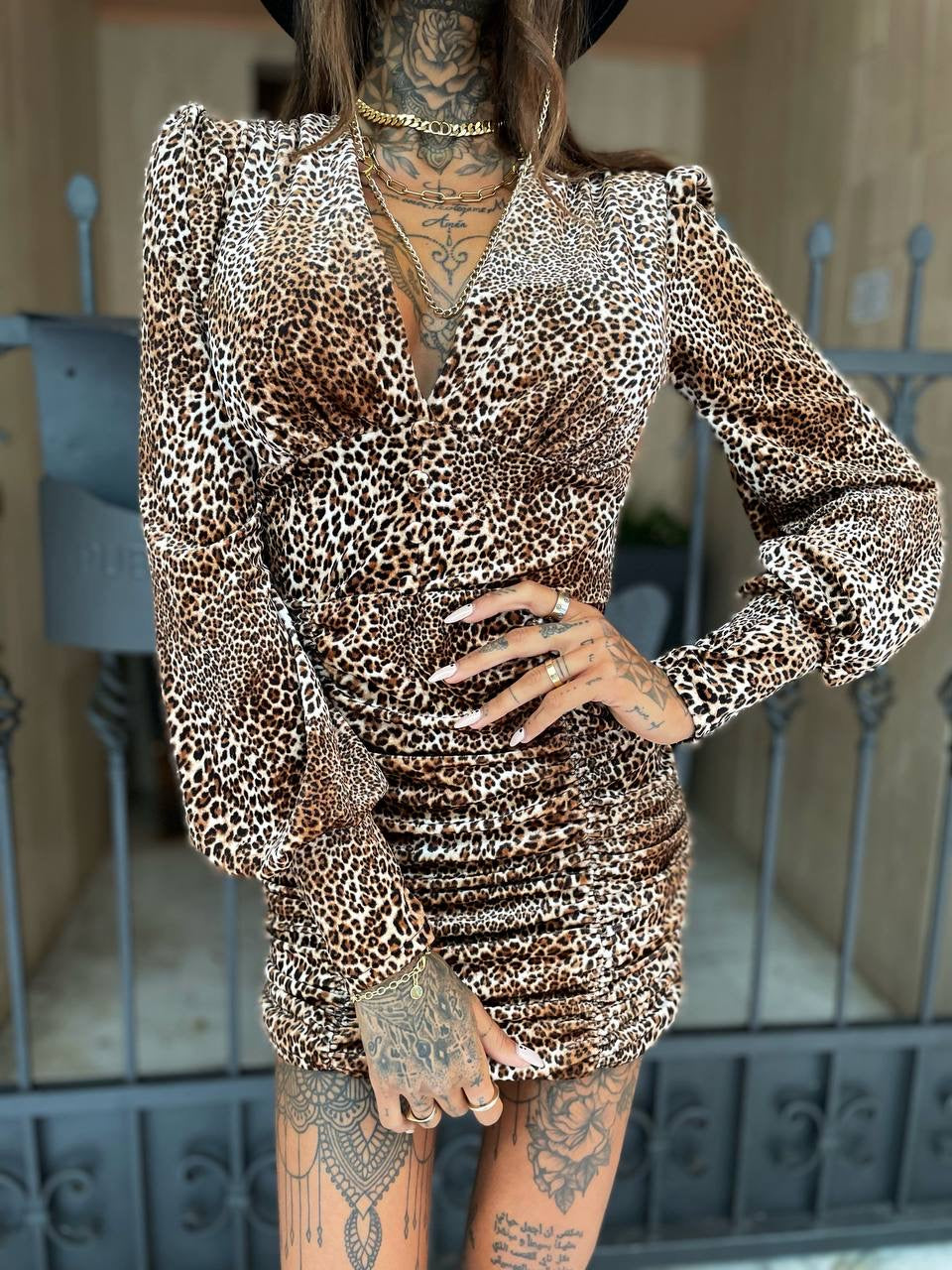 Abito aderente maculato trama piccola con bottoncini - R.a. Boutique 