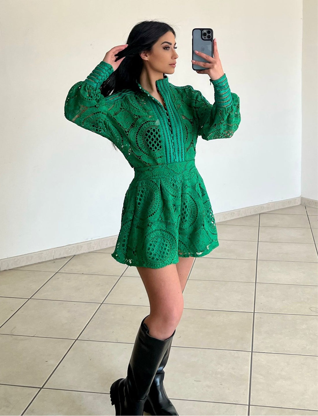 Completo camicia e short verde in pizzo - R.a. Boutique 