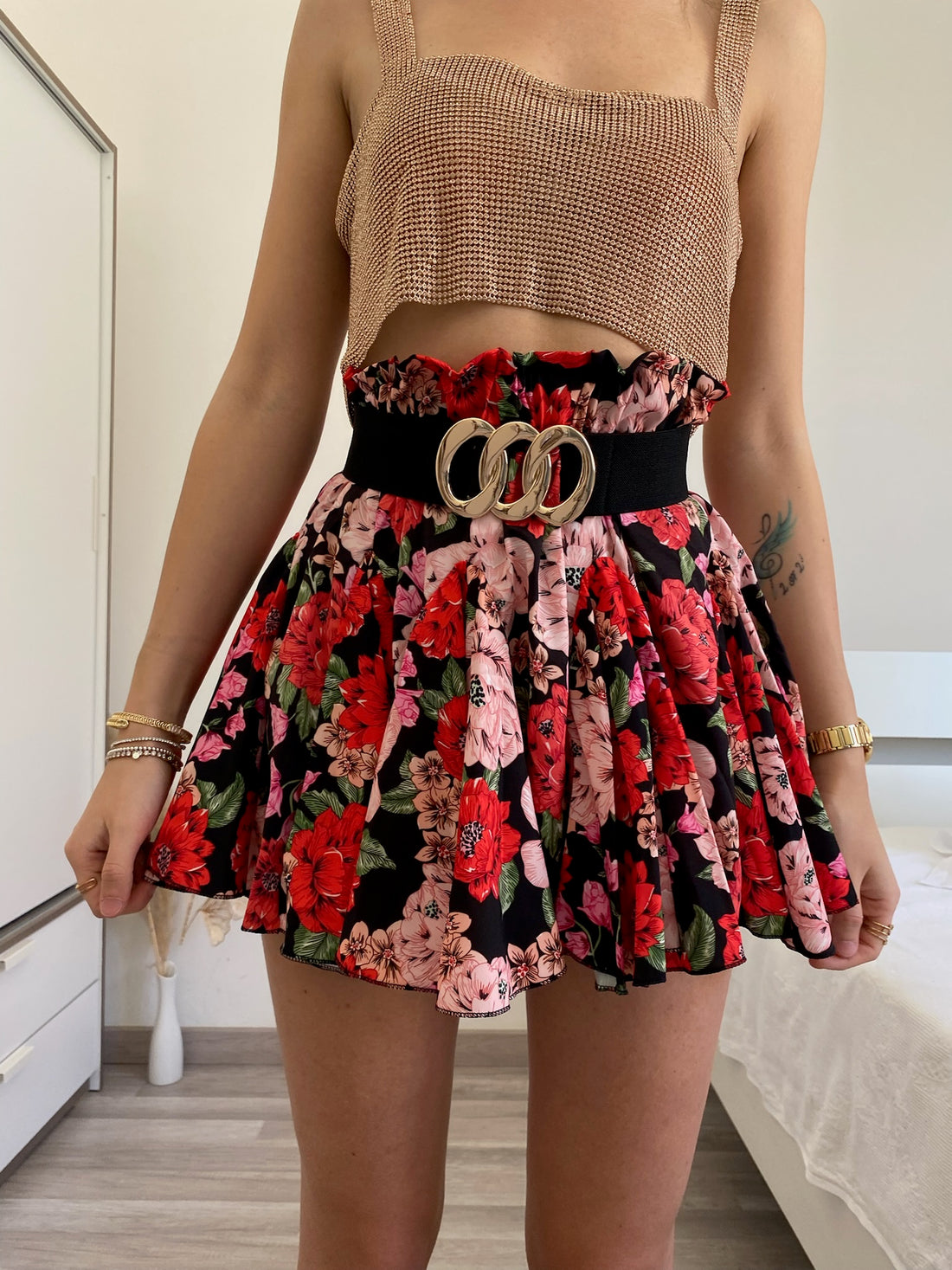 Gonna a ruota a fiori rossi e rosa - R.a. Boutique 