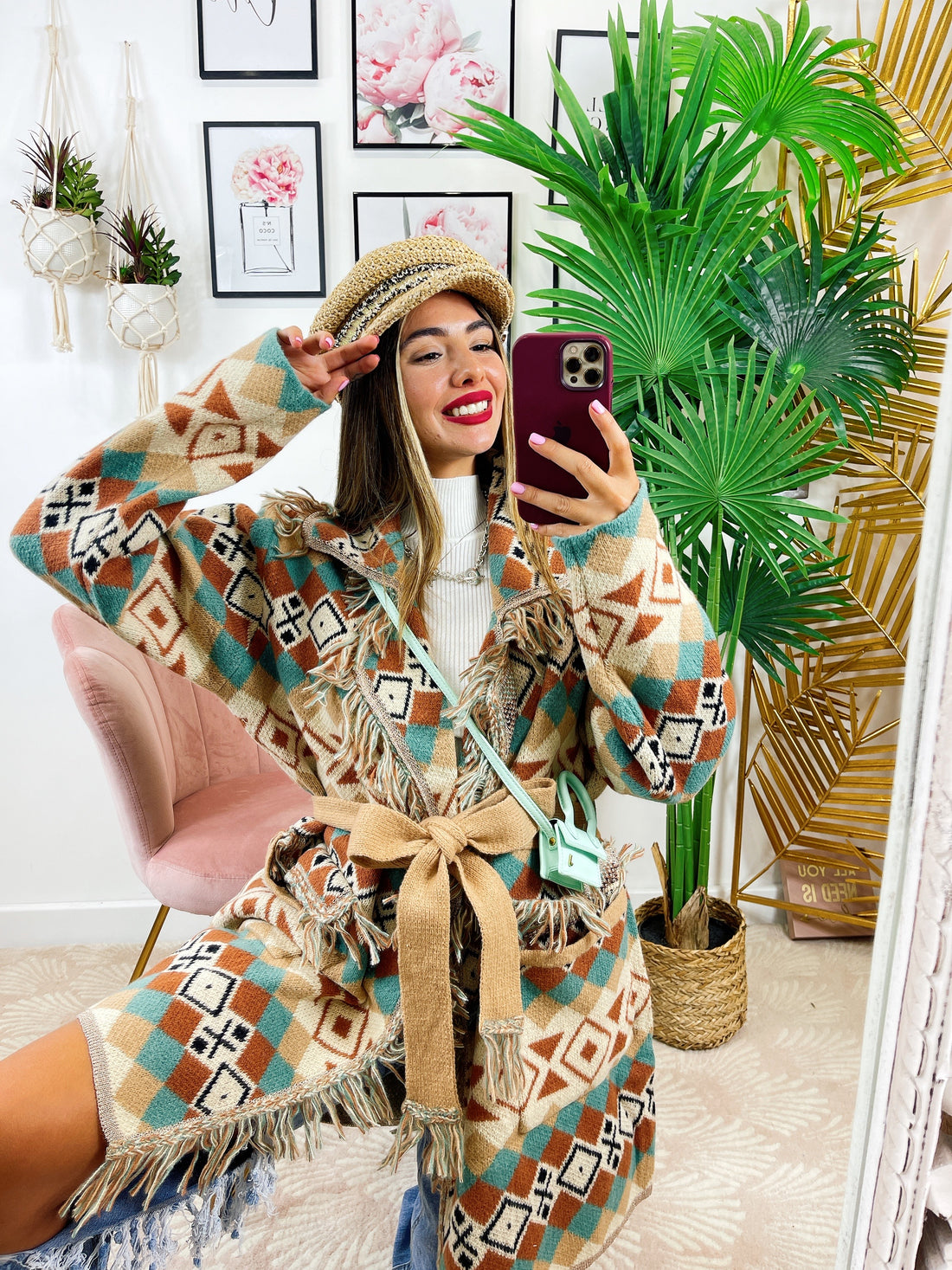 Cardigan lungo con frange colori tenui dettaglio verdeacqua - R.a. Boutique 