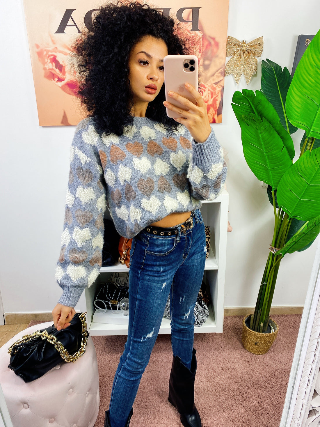 Maglione cuori celeste - R.a. Boutique 