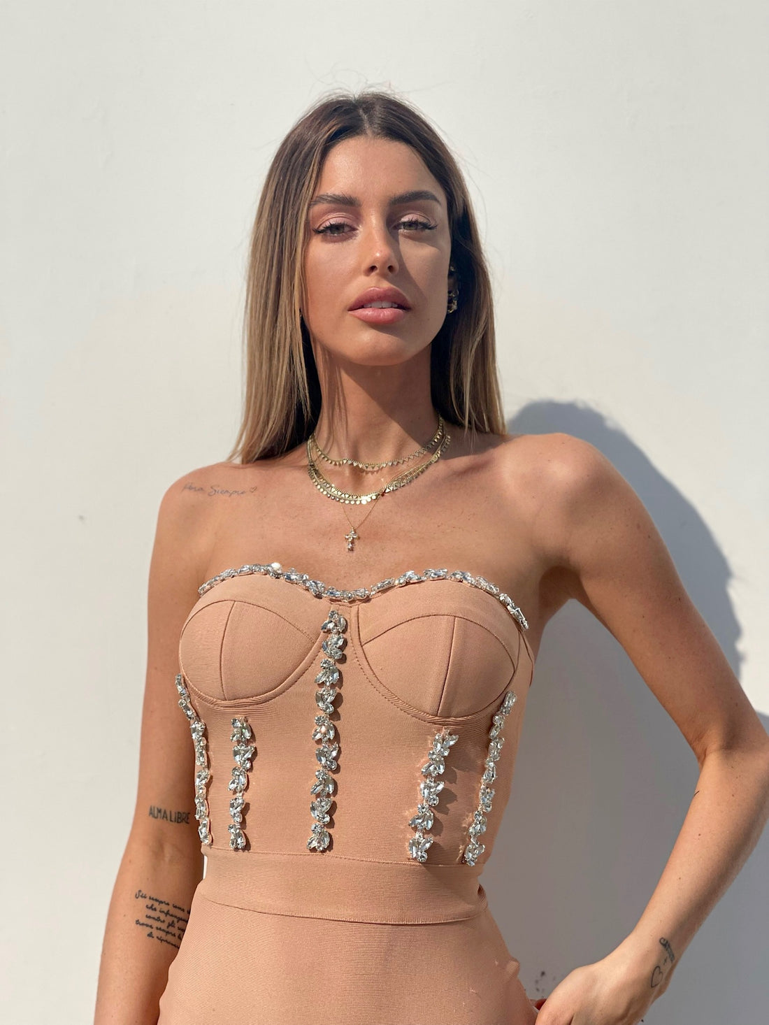 Abito bustier nude con strass - R.a. Boutique 