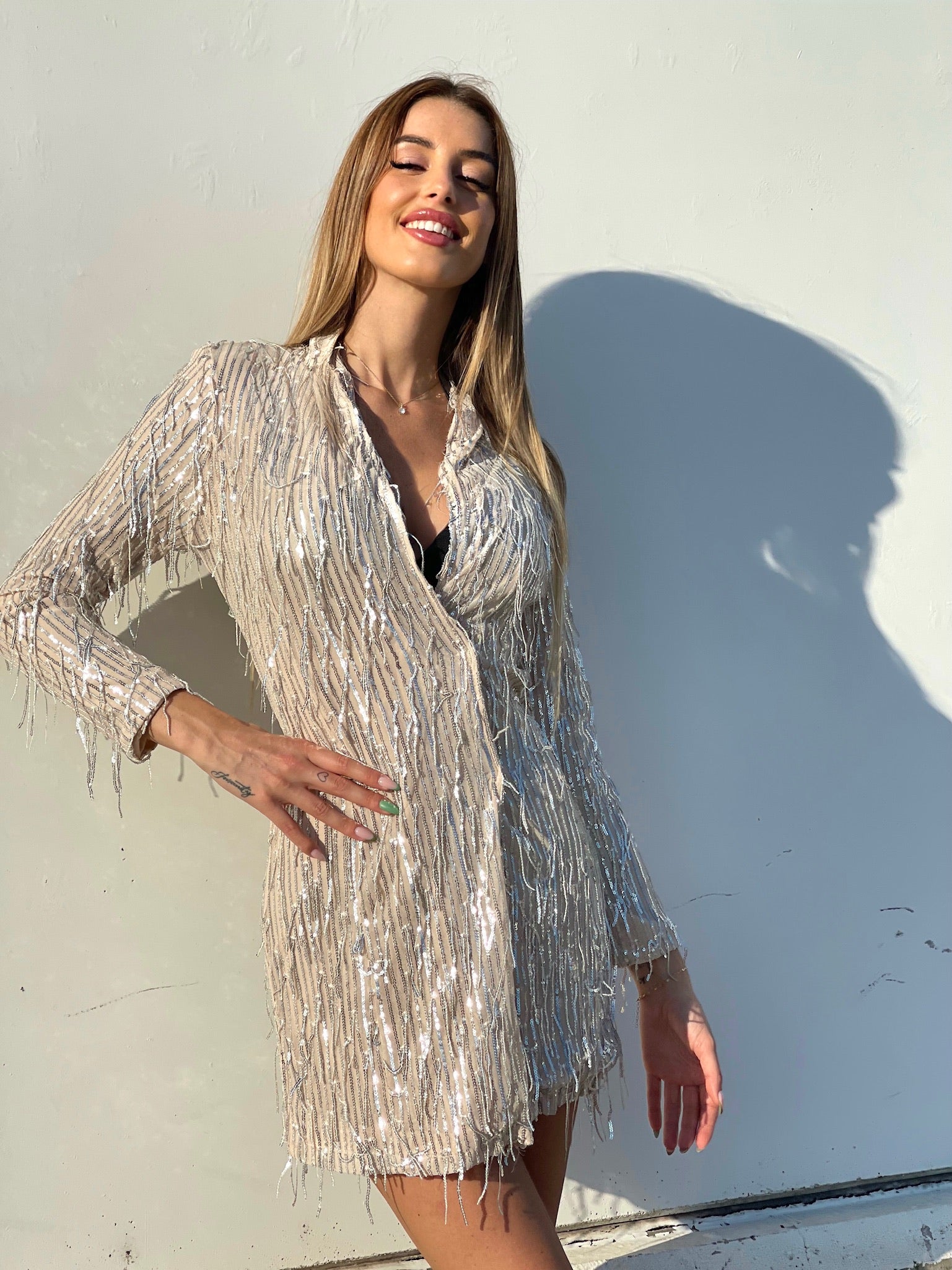 Abito nude frange in paillettes argento - R.a. Boutique 