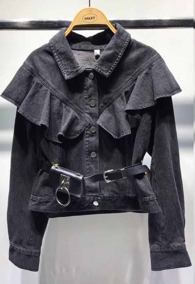 Giacca di jeans nero con rouches e marsupio - R.a. Boutique 