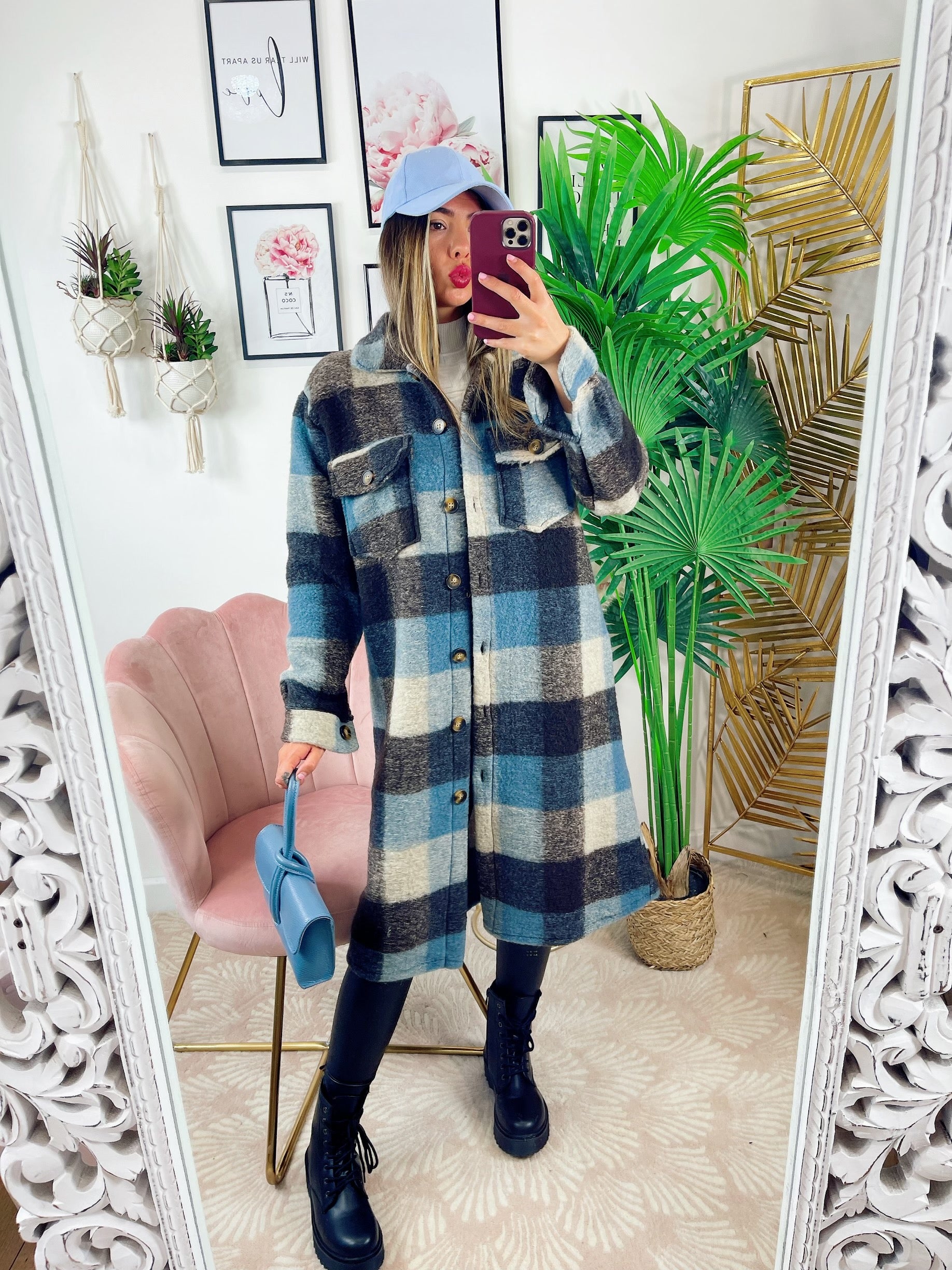 Maxi camicione a quadri nero e celeste - R.a. Boutique 