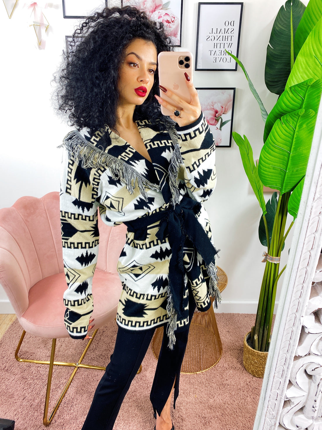 Cardigan Nero e Beige con frange e cinta - R.a. Boutique 