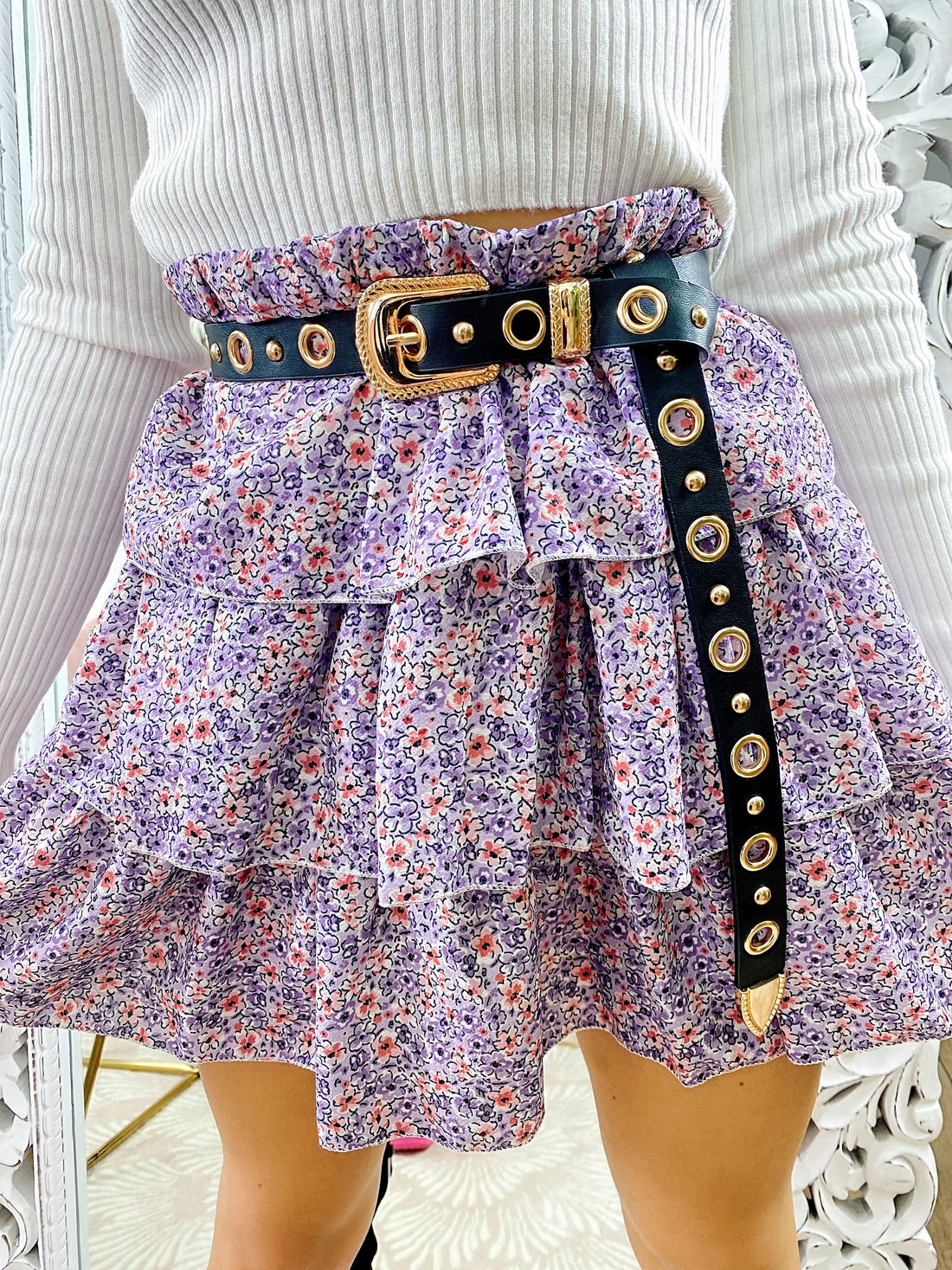 Gonna a balze con fiorellini viola - R.a. Boutique 