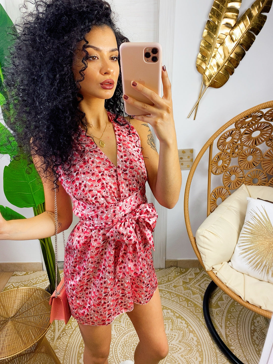 Tutina con incroci stampa a fiorellini rosa - R.a. Boutique 